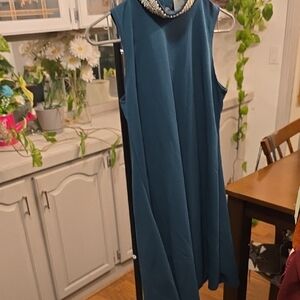 French Atmosphere Teal Jewel-Trim Sleeveless Mini Dress